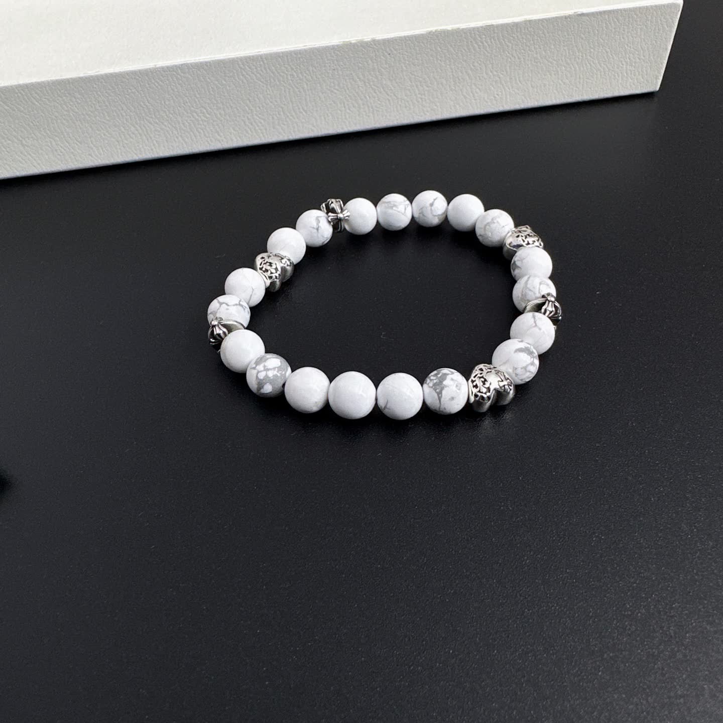 Chrome Hearts White Marble Bead Bracelet with Silver Accents
